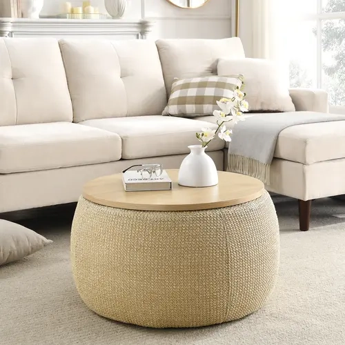 Niccae Round Pre-Assembled Furniture Ottoman with Storage - 2-in-1 End Table, Home & Living Room Decor, Natural (25.5"x25.5"x14.5") [1 Package] (Can Be Used as an Ottoman)
