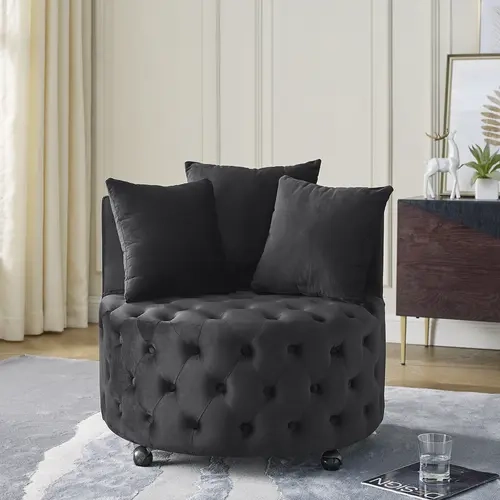 Niccae Velvet & Foam Comfy Fabric Accent Chair - Modern Upholstered Armless Swivel Lounge Chair, 26''x30''x30'', Button Tufted, Movable Wheels, 3 Pillows, Living Room Indoor Furniture (1 Package)