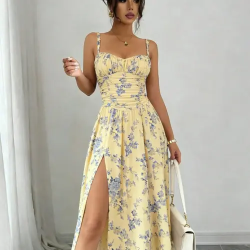 Boho Floral Print Sleeveless Spaghetti Strap High-Slit Women's Dress, Elegant and Alluring for Weddings, Summer Vacations and Special Occasion, Dresses Wedding Guests
