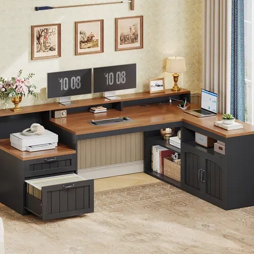 SEDETA Classic 59" L-Shaped Farmhouse Corner Sturdy Computer Desk - Wooden Desktop, Drawers, File Drawer, Storage Cabinet, Monitor Stand, 1-Button Off - A4 Size Compatible Desk for Bedroom, Office Use, After-Sales Service Workstation