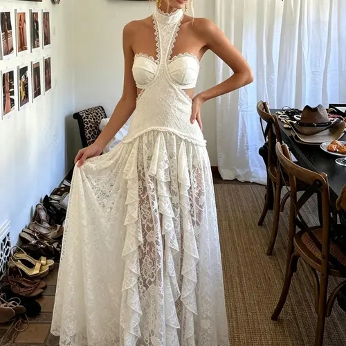 Women's Summer Halter Neck Long Dress Elegant Side Cut Out Tiered Lace Ruffle Hem Sleeveless Backless A Line Gown