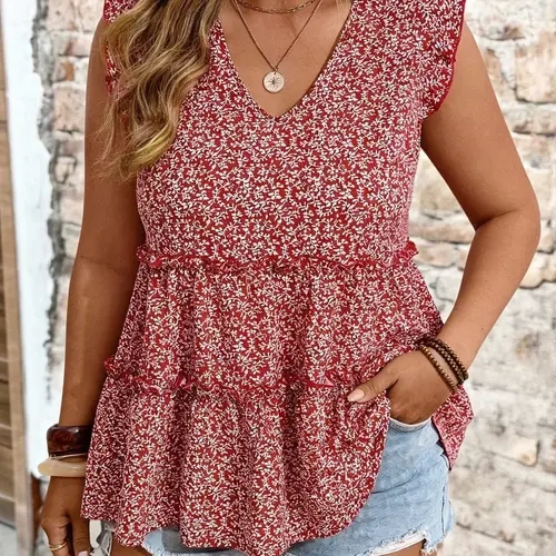 Plus Size Women's Ditsy Floral Print Boho V Neck Ruffle Sleeve Blouse, Loose Fit Flowy Shirt, Comfortable Chic Fashion Design, Ideal for Daily Wear, Ruffled