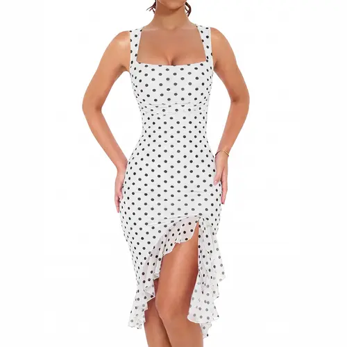 BORIFLORS Women's Sleeveless Square Neck Polka Dot &Solid color Mesh Bodycon Midi Dress, Elegant Slit Ruffle Hem Gown, Wedding Guest Birthday Party Outfit, Black Friday Deals, Halloween Outfit, Y2K Clubwear, Homecoming Dresses, Evening Cocktail Dresses