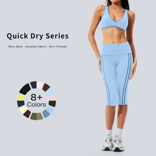 TENWOLF Women's 2-Piece Fitted Capri Sportswear Set - Retro Color-Block Brushed V-Neck Top, High-Waisted Tummy Control Leggings, Breathable Workout Sets Women, Running Suit, Fitness Sweat Suit, Casual Outfit, Gym Apparel