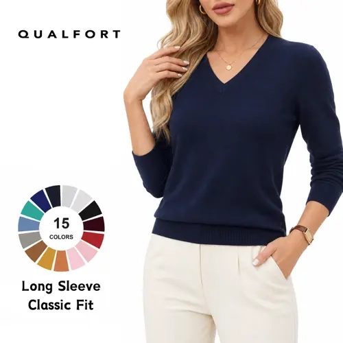 QUALFORT Women's Long Sleeve Pullover Sweater - Lightweight Soft Knit Top, Clean Neckline, Ribbed Trim, Ribbed Edges, Regular Fit, Hip Length, Basic Casual Mature Style, Chic, for Work Daily Wear, Fall Spring Layering (Style Women's Pullovers)