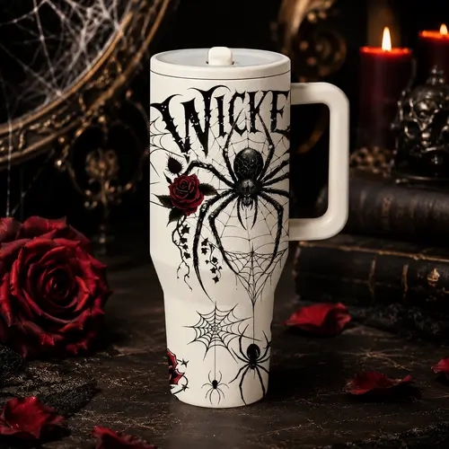 1‑Piece 40oz Insulated Mug, Double Wall Leak‑Proof Large Handle Thermal Cup, Keeps Hot 12 Hours and Cold 24 Hours, Dark Gothic Print Spider Gift for Women and Men, Halloween Holiday, Office Travel Daily Use