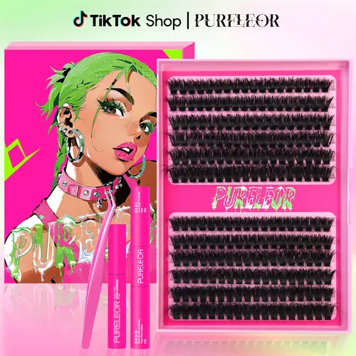 PURELEOR Lash Clusters Fluffy- D Curl 13-14-18-20mm Long Lashes Beginner-Friendly Easy DIY at Home 216 pcs Individual Eyelashes Extensions