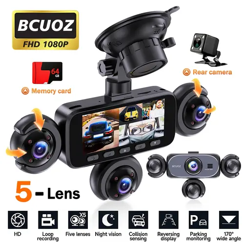 BCUOZ 5-Channel Full HD 1080P Car Dash Cam (Car Driving Recorder) with 64GB Micro SD Card, 360-Degree Wide Angle Front-Rear-Inside-Left-Right Lenses, Time-Lapse & Loop Recording, Super Night Vision, 24H Parking Mode, HD Screen, Charging-Required Operation