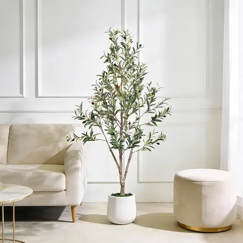 Artificial Olive Tree 5 ft — Indoor Faux Olive Tree with Tall White Planter — Realistic Faux Plant featuring Natural Wood Trunk and Lifelike Fruit — Ideal for Home and Office Decor.