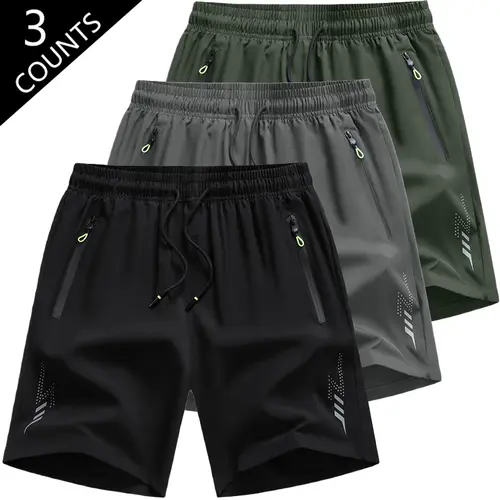 Men's 3-Pack Elastic Waistband Drawstring Shorts - Quick-Dry Lightweight Breathable Polyester Blend Plain Sports Outdoor Shorts with Safety Zippered Pockets, Youth Sizes Built for School, Play, Park Runs