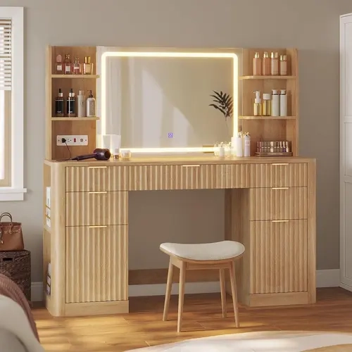 Sikaic 51.2" Fluted Makeup Vanity Desk with LED Mirror & Lights, Modern Vanity Table with 5 Drawers, 2 Cabinets, 6 Storage Shelves & Power Outlet, Solid Wood Legs Dressing Table for Bedroom, Home Furniture Christmas Gifts cozy home familyfun [TikTokShopbl