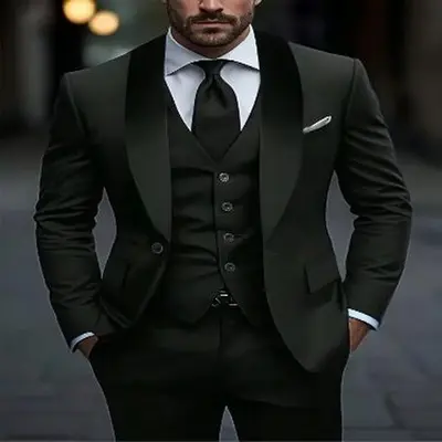 Men's 3pcs suit��plain color green fruit collar suit with jacket and formal trousers, suitable for business gatherings, graduation ceremonies, weddings and parties