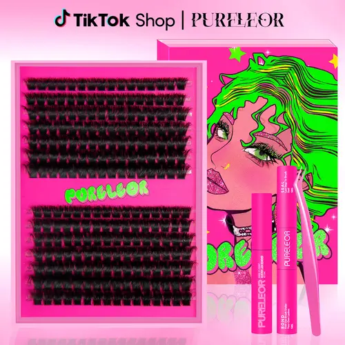 PURELEOR Cluster Lashes Kit D Curl - DIY Lash Extensions Kit for Eyes, Volumizing Natural to Dramatic Look, Mixed 10-16mm 0.07mm Clusters with Waterproof Lash Bond & Seal, Beginner Friendly