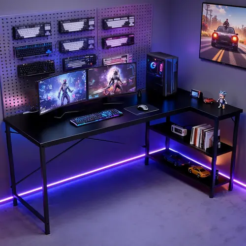 【Deals For You】DUMOS L Shaped Desk Computer Gaming Furniture with Reversible Storage Shelves for Home Office PC Table Large Workspace Robust Stability Adjustable Feet