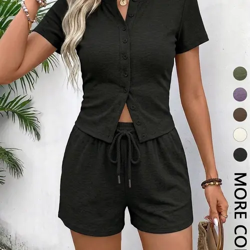 Women's Solid Button Front Top & Adjustable Drawstring Waist Shorts Ribbed Two-Piece Set, Basic Casual Minimalist Comfy Everyday Round Neck Short Sleeve Top & Shorts Set, Ladies Clothing Set for All Seasons, Summer Sets Casual