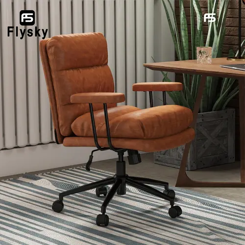 FLYSKY High Back Ergonomic Office Chair - Leather Adjustable Height Chair with 6" Thick Cushion, Armrests, Lumbar Wrap Support, Swivel Wheels, Floor-Glide Design for Home & Office Use, Mid Century Modern Style