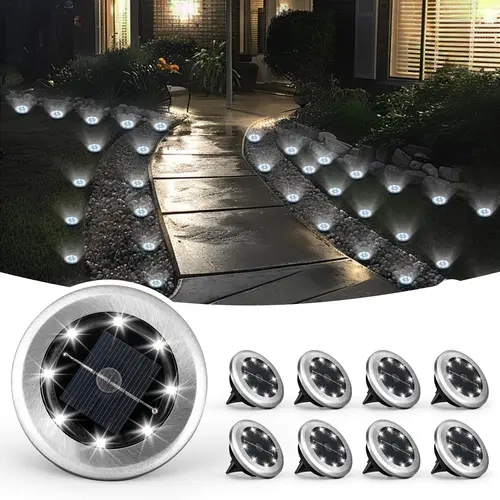 8-Pack Stainless Steel Mini Solar Ground Pathway Lights, IP44 Waterproof Automatic Auto On/Off LED Flush Mount Decorative Outdoor Lighting, Yard Lighting with Batteries for Backyard Patio (Cool White)