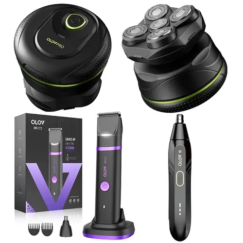 OLOV Men's Rechargeable Head Shaver & Trimmer Grooming Trio - Waterproof, Adjustable Shaving Tool, Cordless Rechargeable Shaver, Body Manscaping Trimmer for Fresh Look