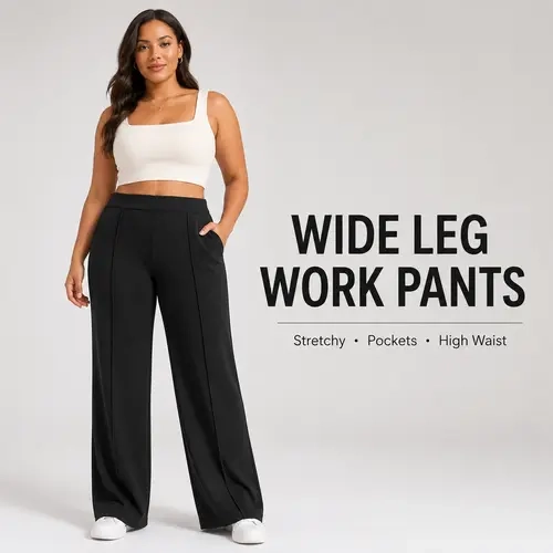 DLOODA Women's High-Waist Elastic Pull-On Pants, 4-Way High Stretch Fabric, Plain Wide-Leg Loose-Fitting, Slant Pockets, Full-Length All-Black, Multi-Size, Minimalist Casual Comfy Stretch Effortless Super Stretchy Pants, All Seasons, Machine Washable
