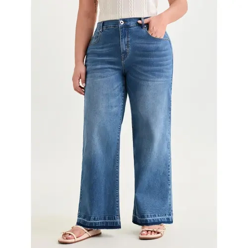 BloomChic Stretchy Back Elastic Waist Wide Leg Jeans 【M-6XL】