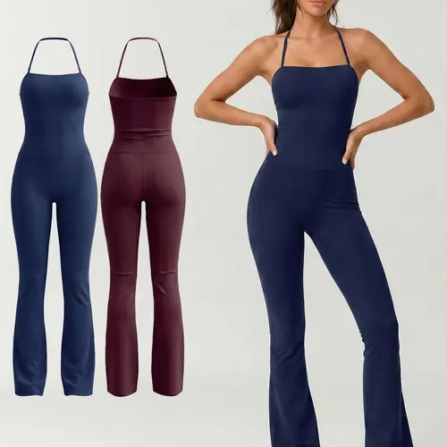 Women's 2 Piece Set Sports Solid Color Jumpsuit, Sporty Yoga Jumpsuit, Sleeveless Halter Neck Cami Yoga Outfit, Yoga Sportswear, Nylon Spandex Fabric, Daily Wear, Outdoor Training and Gym Workout Clothes, Wide Leg Pants, All-Season Activewear