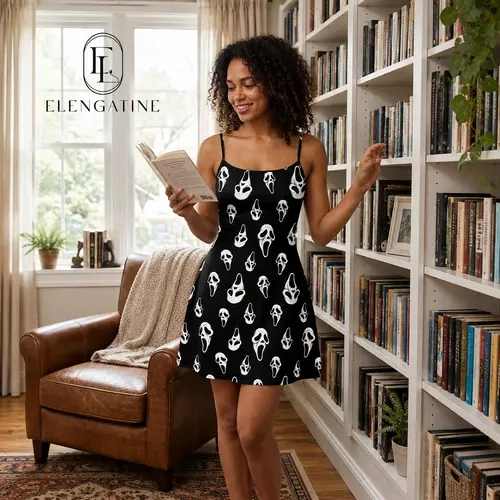 Elengatine Women's Gothic Horror Print Polyester Mini Dress - Loose Spaghetti Strap, A-Line, Sleeveless, Baddie Aesthetic Black Womens Dresses for Concert Clothing, Festival Events