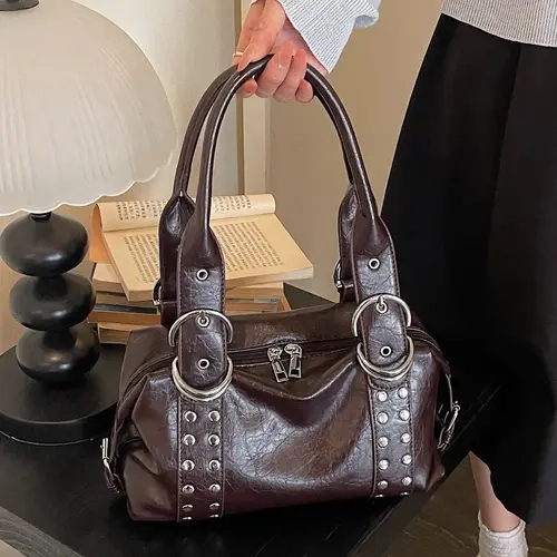 Women's Solid Color PU, Fashion Rivet Decor, Vintage Boston Bag, Bags Crossbody, Perfect for Office, Commute, Gift Giving, Classic Flap Casual