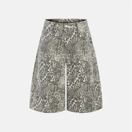 Inflation Men's Vintage Leopard Print Oversize Wide Leg Denim Shorts - Cotton Blend, Edgy Wide Jorts, Leopard Statement, Vintage Wash Adds Depth to the Print, Denim Feels Sturdy Yet Casual, Streetwear Menswear Bottoms