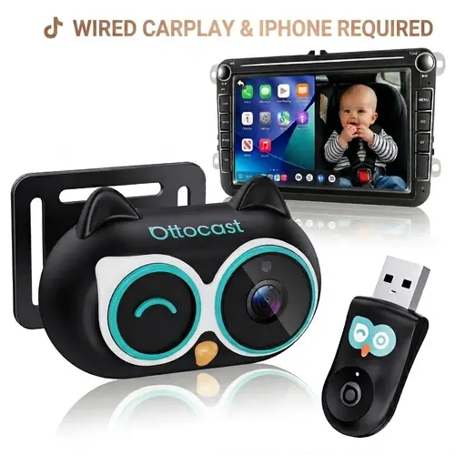 【WIRED CARPLAY AND ANDROID AUTO REQUIRED】OTTOCAST Baby Car Camera &Wireless CarPlay Adapter,1080P HD Rear Seat Monitor Display on Car Screen,150°Wide Angle No-Glow Night View, Safety for Kids & Infants