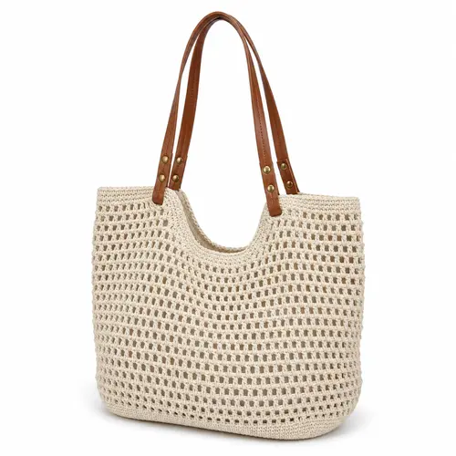 Crochet Tote Bag for Women, Hollow Out Knitted Mesh Shoulder Bag with Faux Leather Handles, Summer Beach Bag, Boho Woven Purse for Travel, Vacation, Shopping & Daily Use summerwins