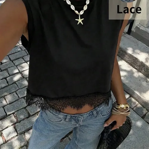 Women's Casual Round Neck Sleeveless Top, Colorblock Lace Detail, Solid Design, Perfect for Daily Wear, Fashionable and Comfortable, Everyday, Casual Summer Sleeveless