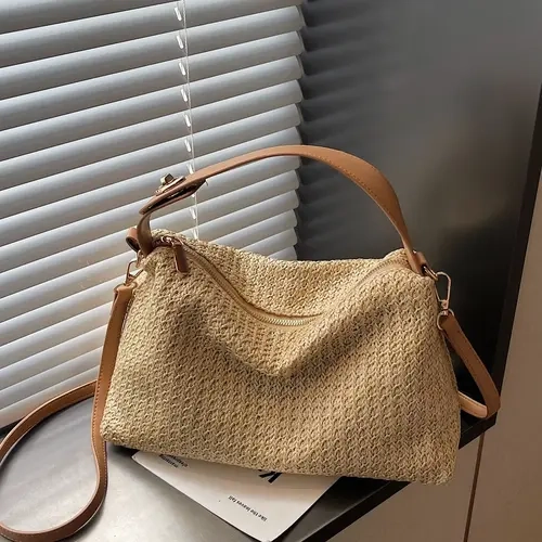 Women's Fall Winter Solid Color Straw Handbag, Fashion Crescent Moon Bag, Ideal for Commuting, Office, Vacation, Gift Giving, Daily Commute Bag