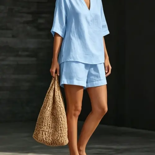 Women's V-Neck Short Sleeve Top Set, Fashion Casual Loose Fit Shorts Two-Piece, Comfortable and Stylish Summer Wear, Comfy Summer Sets