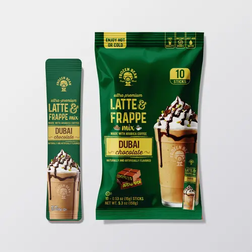 The Frozen Bean Dubai Instant Chocolate Frappe & Latte Mix (10 Sticks) - Food, Beverage, Arabica Coffee Base, Double Shot Caffeine, Low Sugar, Premium Ingredients, for Hot or Iced Blended Drinks