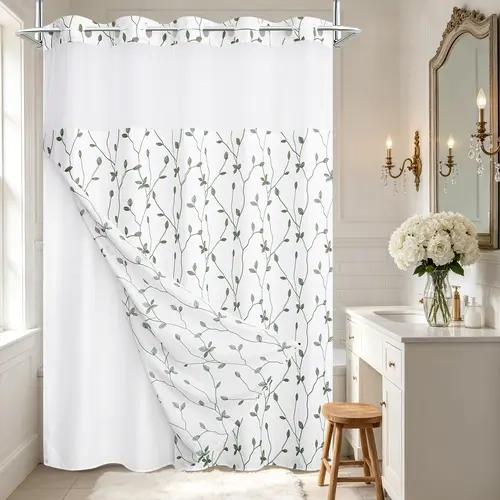 Farmhouse Embroidery Twig Leaves Shower Curtain, Double Layer Sheer Window Top Waterproof Mildew Resistant Bathroom Decor Curtain 72''*75''