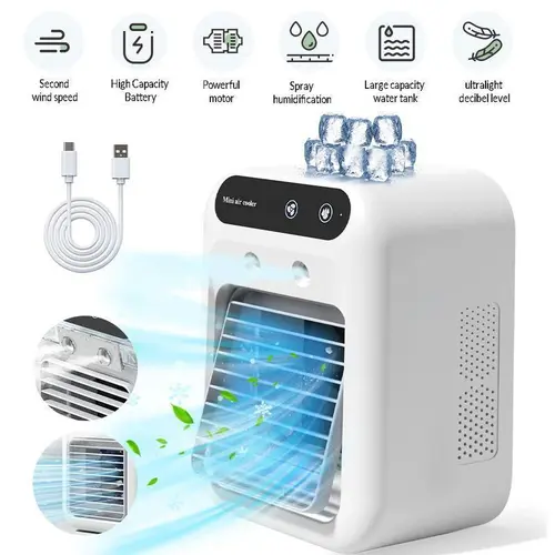 BougeRV 3-in-1 Rechargeable Portable Cooler Desk Fan - Single Unit, Adjustable 2 Mist Speeds, Powerful Wind Push, Space-Saving Mini Design for Bedroom, Camping