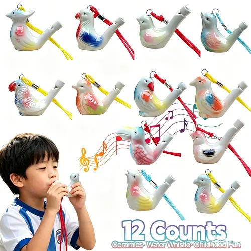 12 Vibrant Cute Ceramic Bird Whistles - Colorful Paintings Wind Instruments, Ample Quantity Kids' Bath Toys for Enhancing Lung Capacity, Parties & Party Play, Easter Gifts, Outlet Item