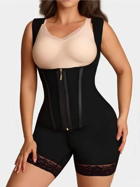 LUXSEREN Women's Solid Sculpting Shapewear Bodysuit, Basic Open-Bust Body Shaper with Tummy Control Zipper, Butt Lifting & Adjustable Strap