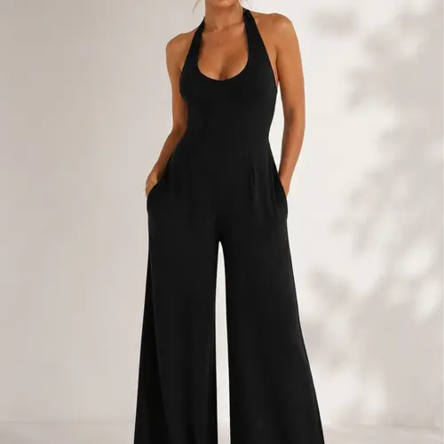 EL ELENGATINE Women's Black Polyester Halter Overalls - Sleeveless, Deep V-Neck, Backless, Wide Leg, Slim Fit 1-Piece, Chic Baddie Style, Party & Club Wear Jumpsuit, One-Piece