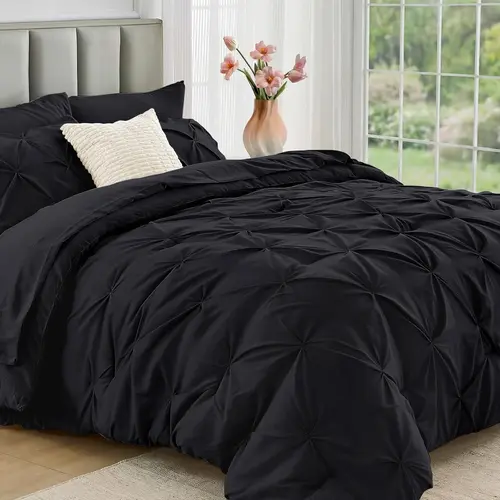 JOLLYVOGUE Black Queen 7-In-1 Bedding Set - All-Season Bed in a Bag, Breathable Lightweight Microfiber, Pintuck Detail with Comforter, Flat Sheet, Fitted Sheet, Pillowcases & Shams (Black Aesthetic, Comfortable Soft Bedding Sets Collections)