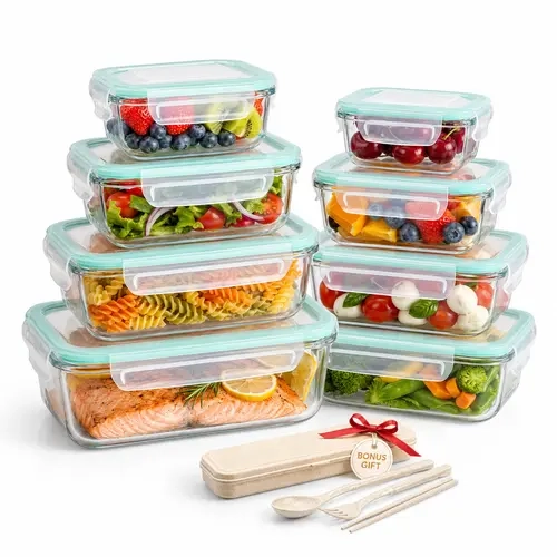 AISOON 8-Pack Multi-Size Square & Rectangle Crystal-Clear Borosilicate Glass Base Container Food Storage, Leakproof Airtight Vent Hole Lids, Bonus Kitchen Camping Utensils, Microwave-Freezer-Dishwasher Safe for Fridge Organization, Meal Prep