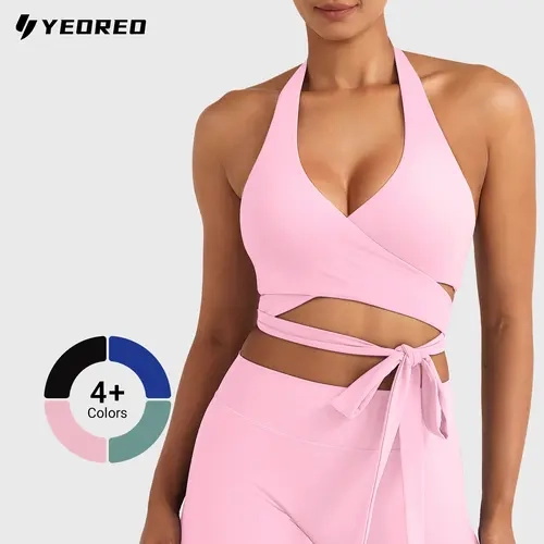 YEOREO Women's Halter Crop Top Activewear - V-Neck Padded, Backless, Quick Dry, Adjustable Straps, Ballet Wrap Tie, Spandex, Body-Friendly, Hooks-Free, Stretch-Fit Sports Bra for Gym, Yoga (Pet Lovers)