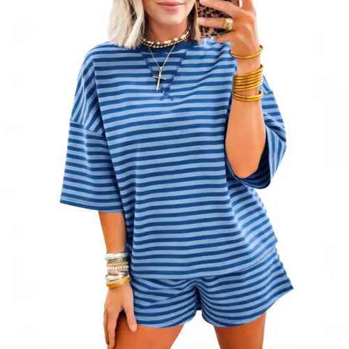 Asvivid Women Stripe Striped Ribbed Cotton Two-Piece Short Set with Chest Patch Detail Summer Womenswear Top Shorts Clothes Casual Breathable Fashion#DealsForYouDays