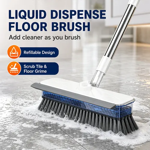 All-in-1 Liquid Dispensing Floor Scrubber Brush - Bathroom Squeegee for Shower, Long Ergonomic Handle, Press-to-Release Built-in Soap Tank, Hard Bristles, Stand-Up Design, Daily Home Care Tool for Tile, Bathtub