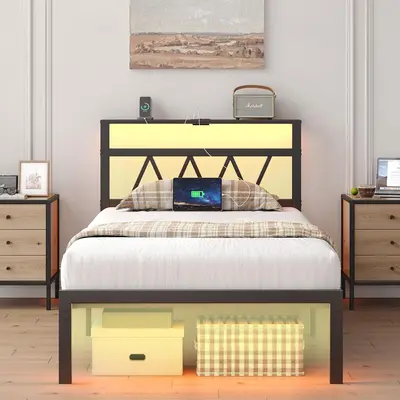 Bed Frame with Smart LED Lights, Storage Headboard and USB Charging Station,Platform Bed with Wood Slats, No Box Spring Needed, Noise Free, Easy Assembly,White