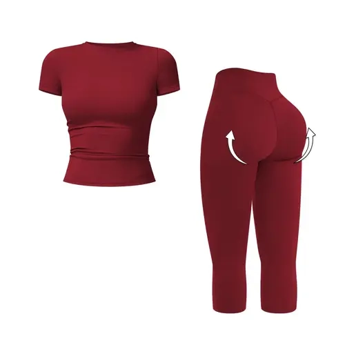 RICH BRIA 7/8 Leggings Two-Piece Sets, Short Sleeve Tee & High Waist Tummy Control Butt Lifting Capri Pants, Soft Workout Tank Top Booty Lifting Capri Leggings, Seamless Breathable Comfortable Yoga Clothes, Active Casual Outfit Womenswear