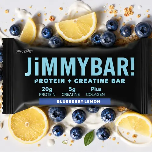 JiMMYBAR! Blueberry Lemon Creatine Collagen Bar - 20g Protein, 5g Creatine - Gluten-Free, Peanut-Free - 12 or 24 Count Box - Natural Ingredient Snacks with Homemade Almond Butter Base,summerwins