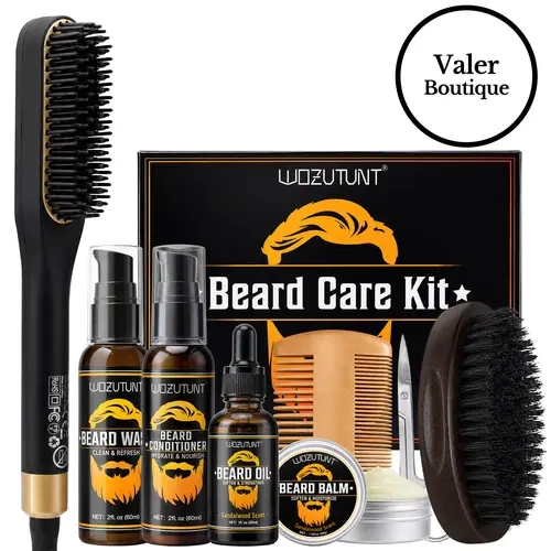 Beard Straightener for Men - Heated Brush, Oil, Balm, Conditioner, Wash, Comb, Travel-Friendly, Auto Shut-Off, Anti-Scald for All Hair Types, Unique Gift for Him
