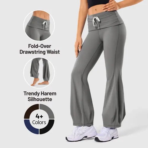 Women's High-Waisted Fold Over Drawstring Harem Pants - 4-Way Stretch Nylon-Spandex Sporty Pants with Tummy Control, Flare Silhouette for Gym, Pilates