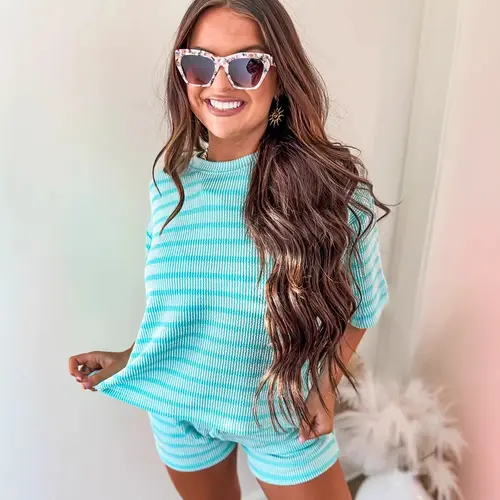 Women's 2-Piece Matching Lounge Set - Oversized Shortsleeve T-Shirt, Drawstring Shorts Move Easy, Striped Nightwear, Adjustable Comfortable Multi-Size Sporty Chic Summer Outdoor Wear, Easy Pairing